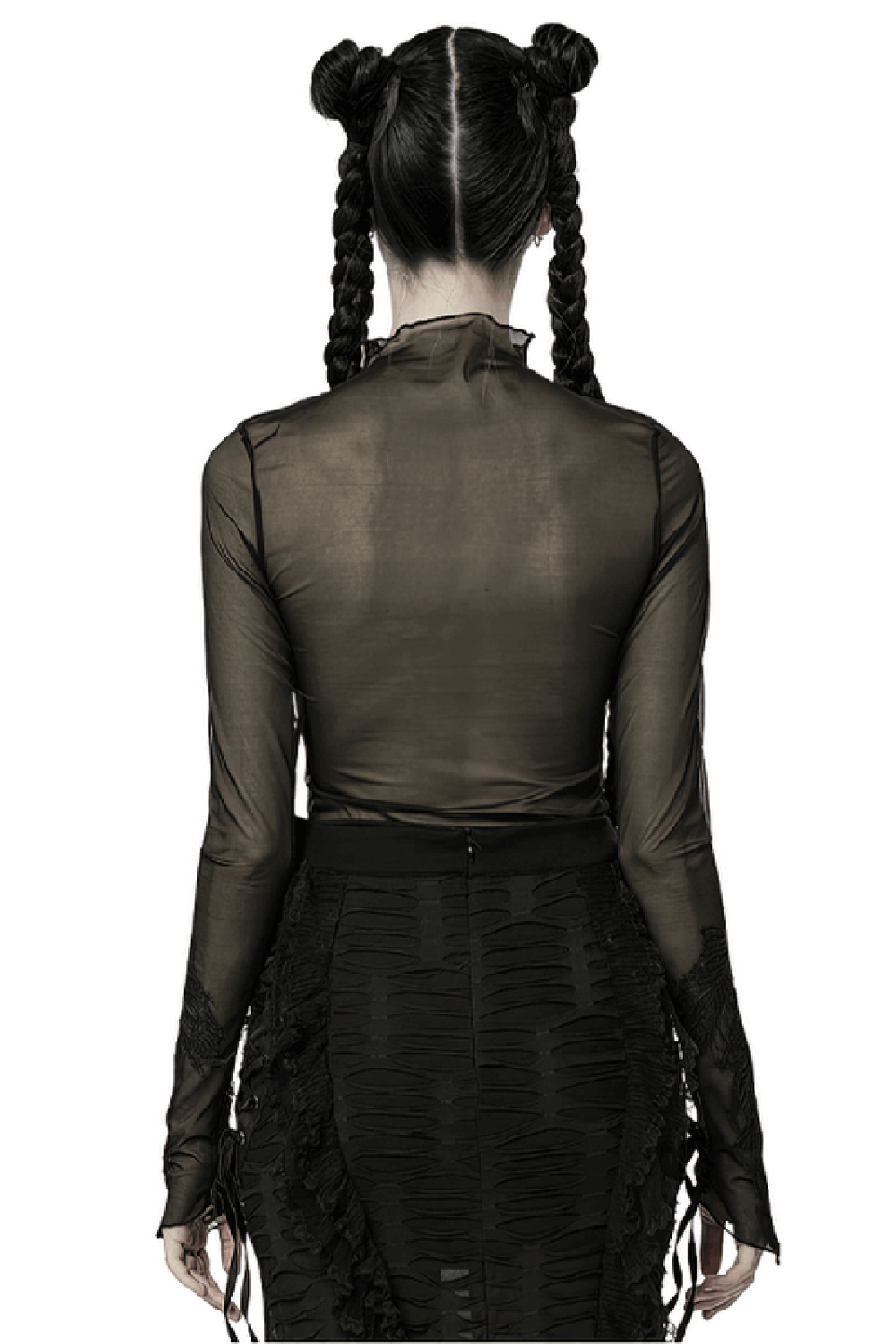 Gothic Black Sheer Mesh Skeleton Feather Lace Top