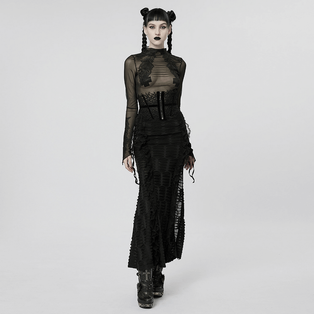 Gothic Black Sheer Mesh Skeleton Feather Lace Top