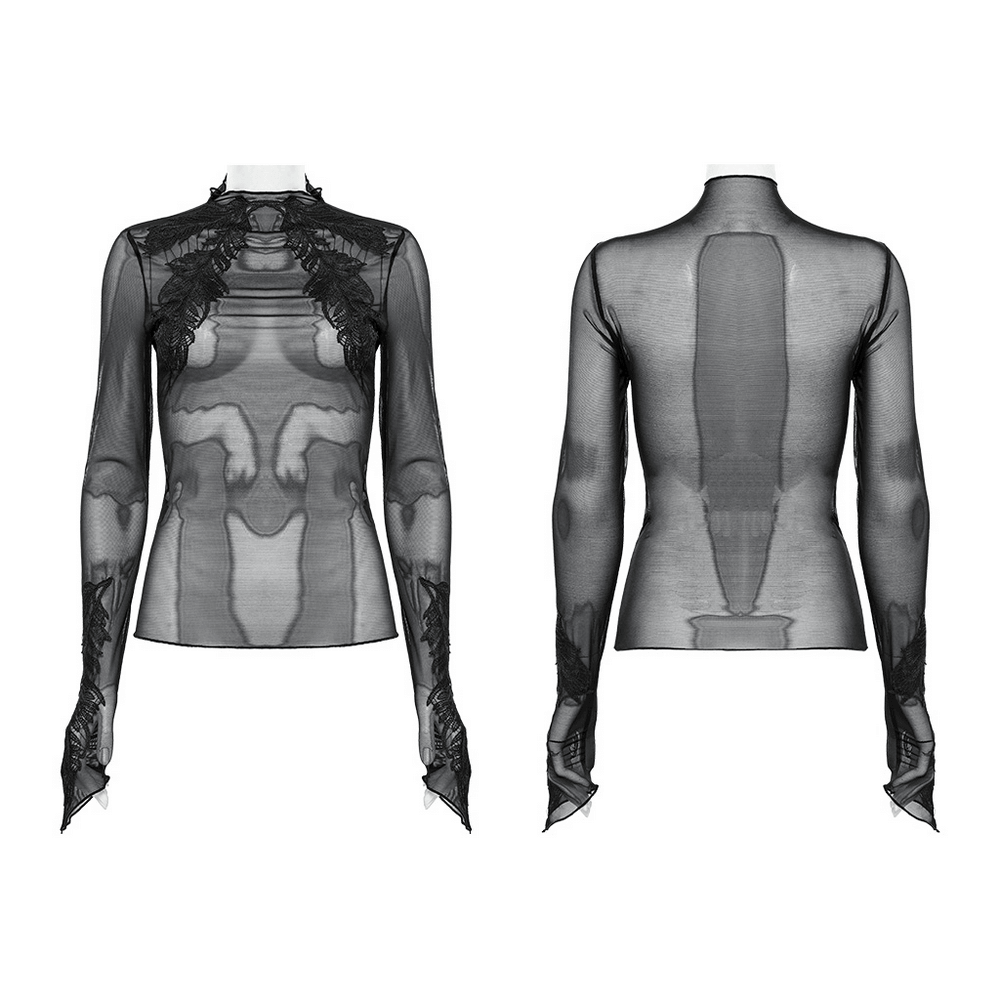 Gothic Black Sheer Mesh Skeleton Feather Lace Top