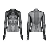 Gothic Black Sheer Mesh Skeleton Feather Lace Top