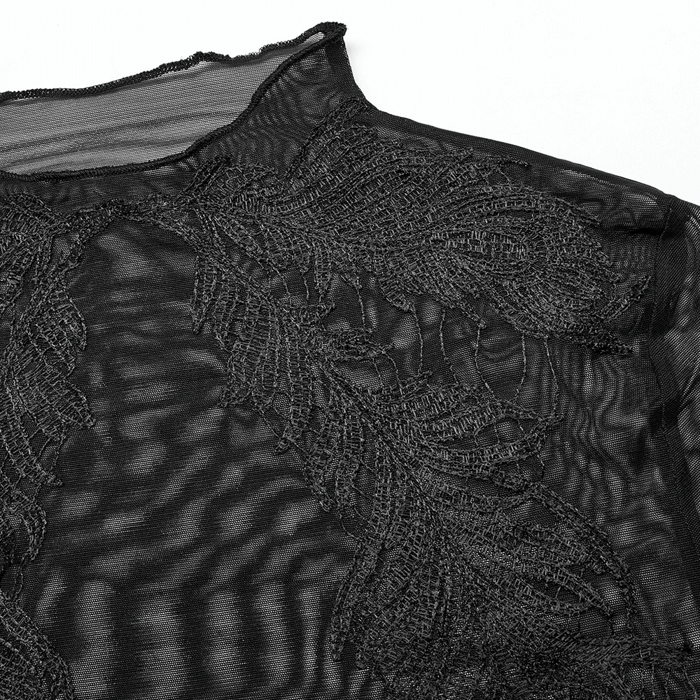 Gothic Black Sheer Mesh Skeleton Feather Lace Top