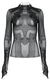 Gothic Black Sheer Mesh Skeleton Feather Lace Top