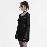 Gothic Black Skull Knit Mesh Dress with Sheer Long Sleeves