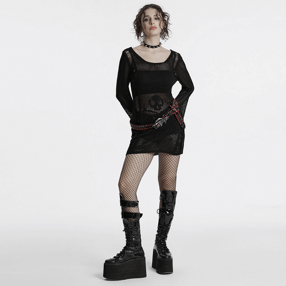 Gothic Black Skull Knit Mesh Dress with Sheer Long Sleeves
