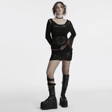 Gothic Black Skull Knit Mesh Dress with Sheer Long Sleeves