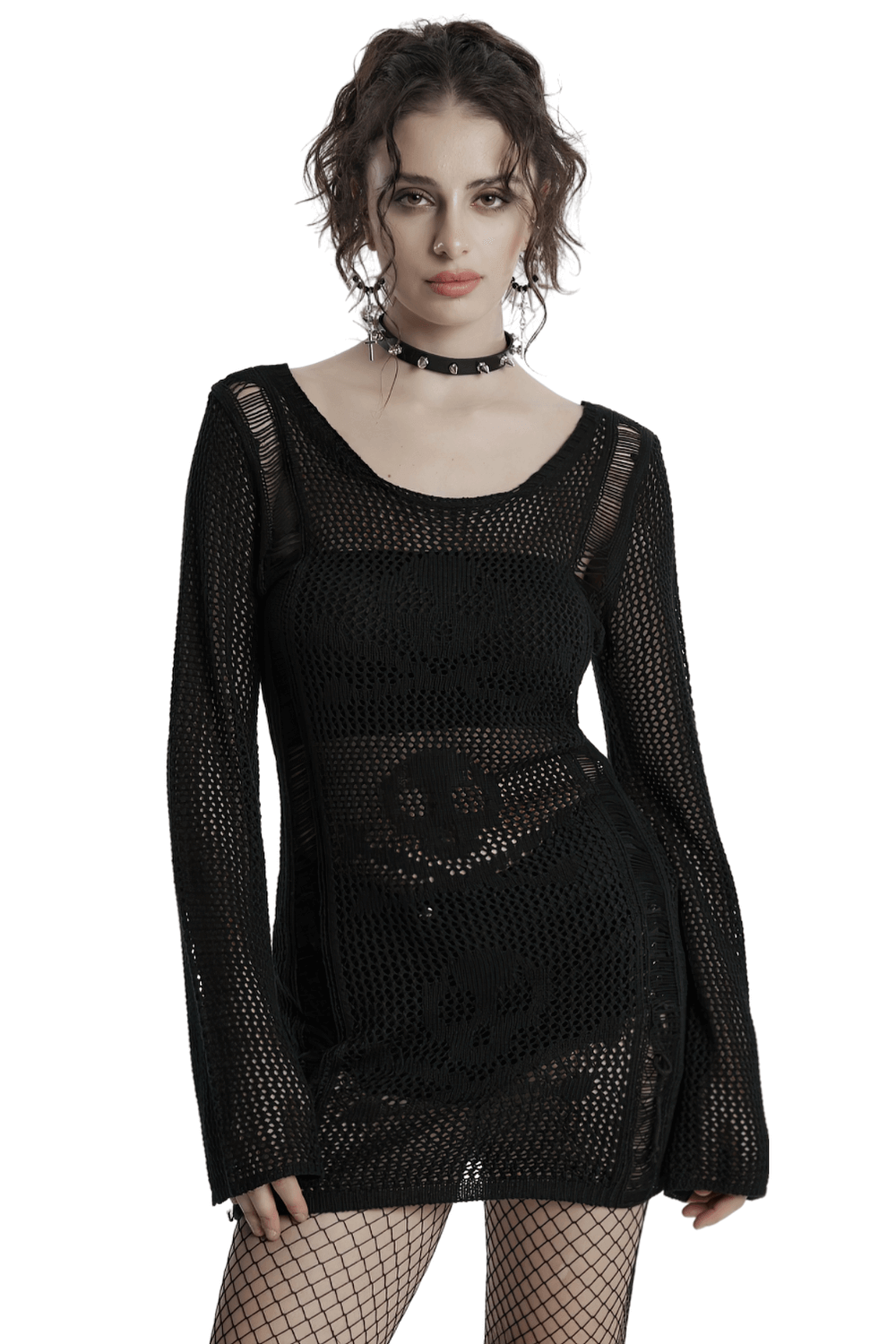 Gothic Black Skull Knit Mesh Dress with Sheer Long Sleeves