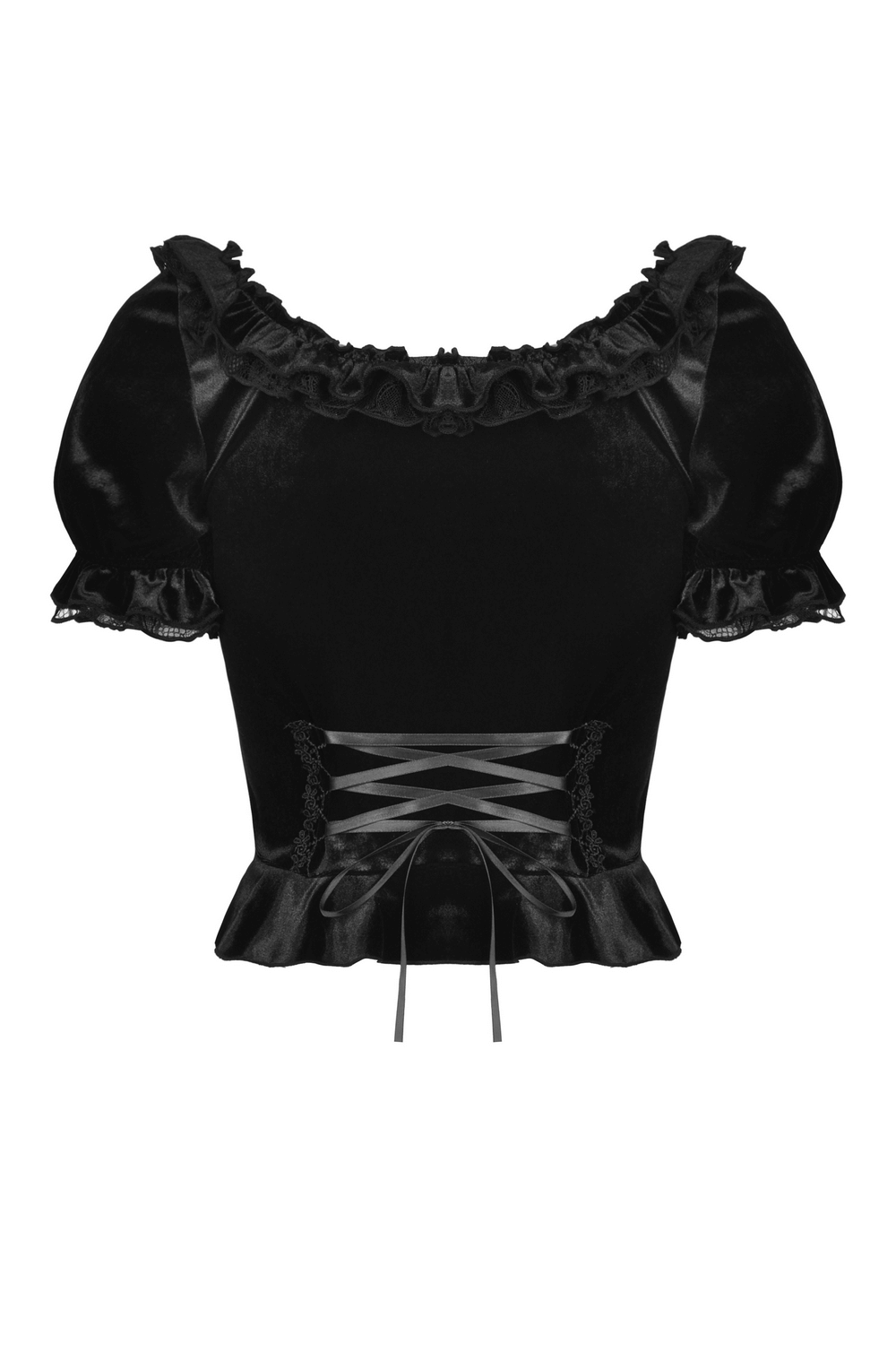 Gothic Black Velvet Top With Puff Sleeves and Lace-up Design