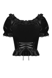 Gothic Black Velvet Top With Puff Sleeves and Lace-up Design