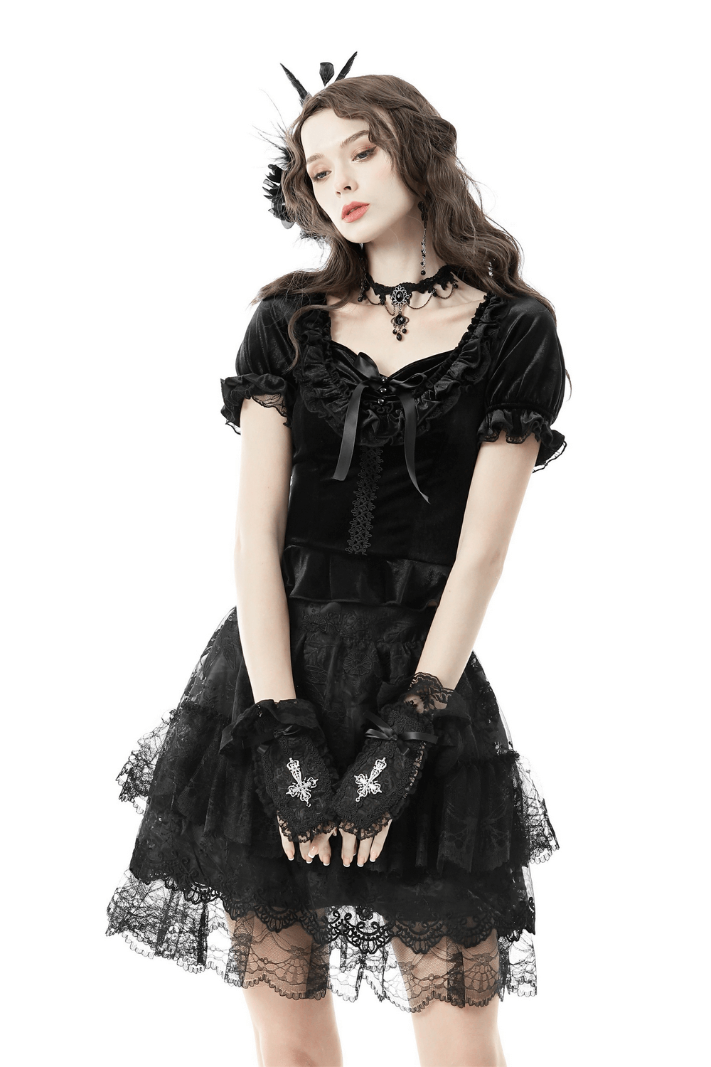 Gothic Black Velvet Top With Puff Sleeves and Lace-up Design