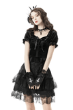 Gothic Black Velvet Top With Puff Sleeves and Lace-up Design