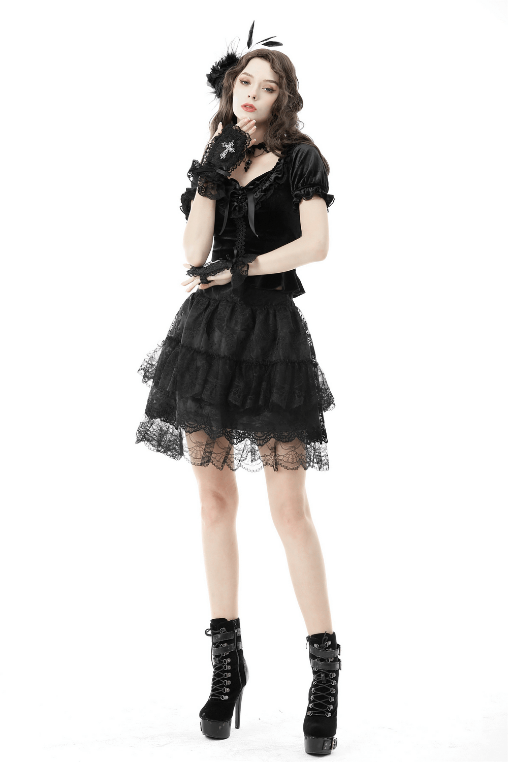 Gothic Black Velvet Top With Puff Sleeves and Lace-up Design