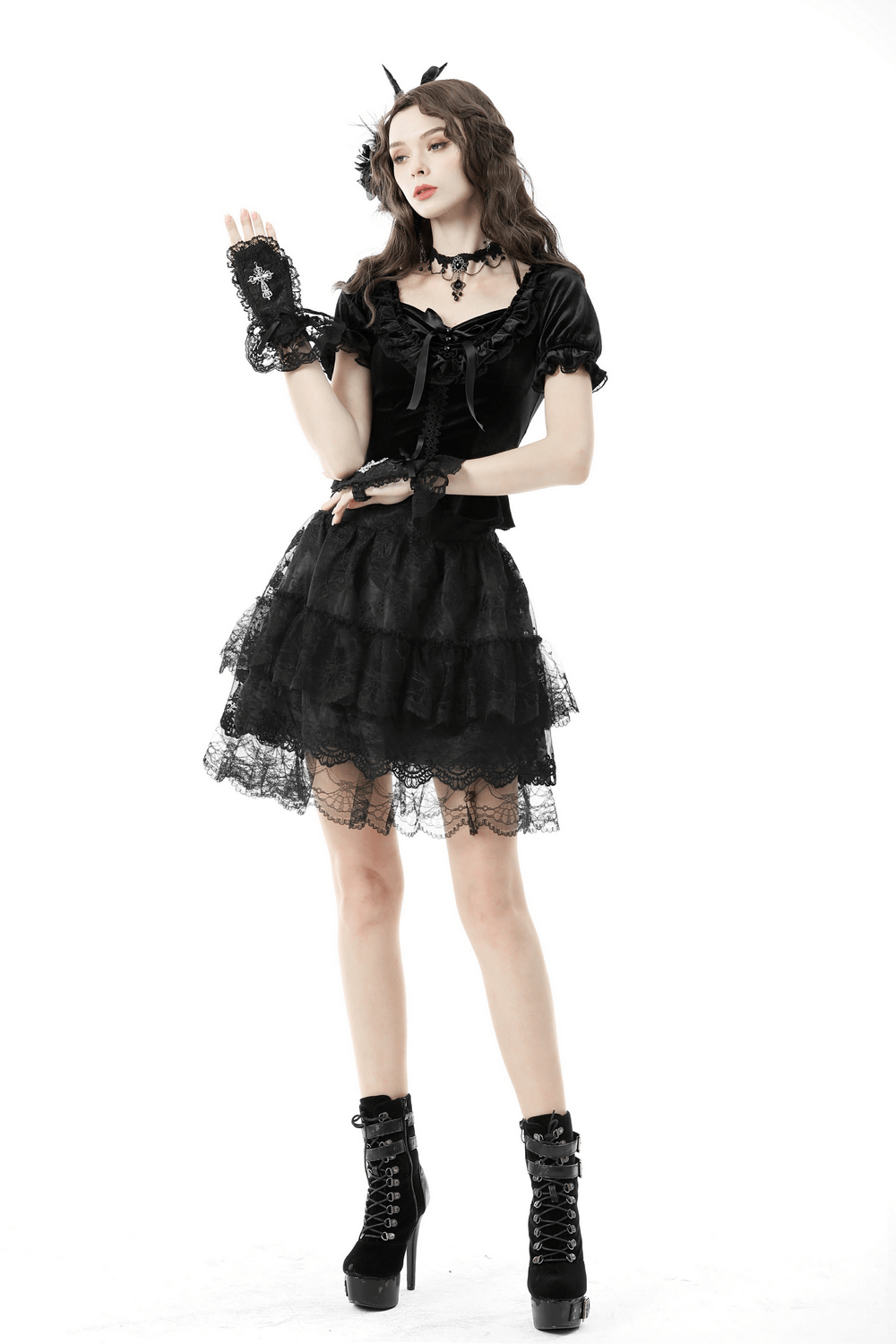 Gothic Black Velvet Top With Puff Sleeves and Lace-up Design
