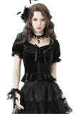 Gothic Black Velvet Top With Puff Sleeves and Lace-up Design