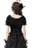 Gothic Black Velvet Top With Puff Sleeves and Lace-up Design