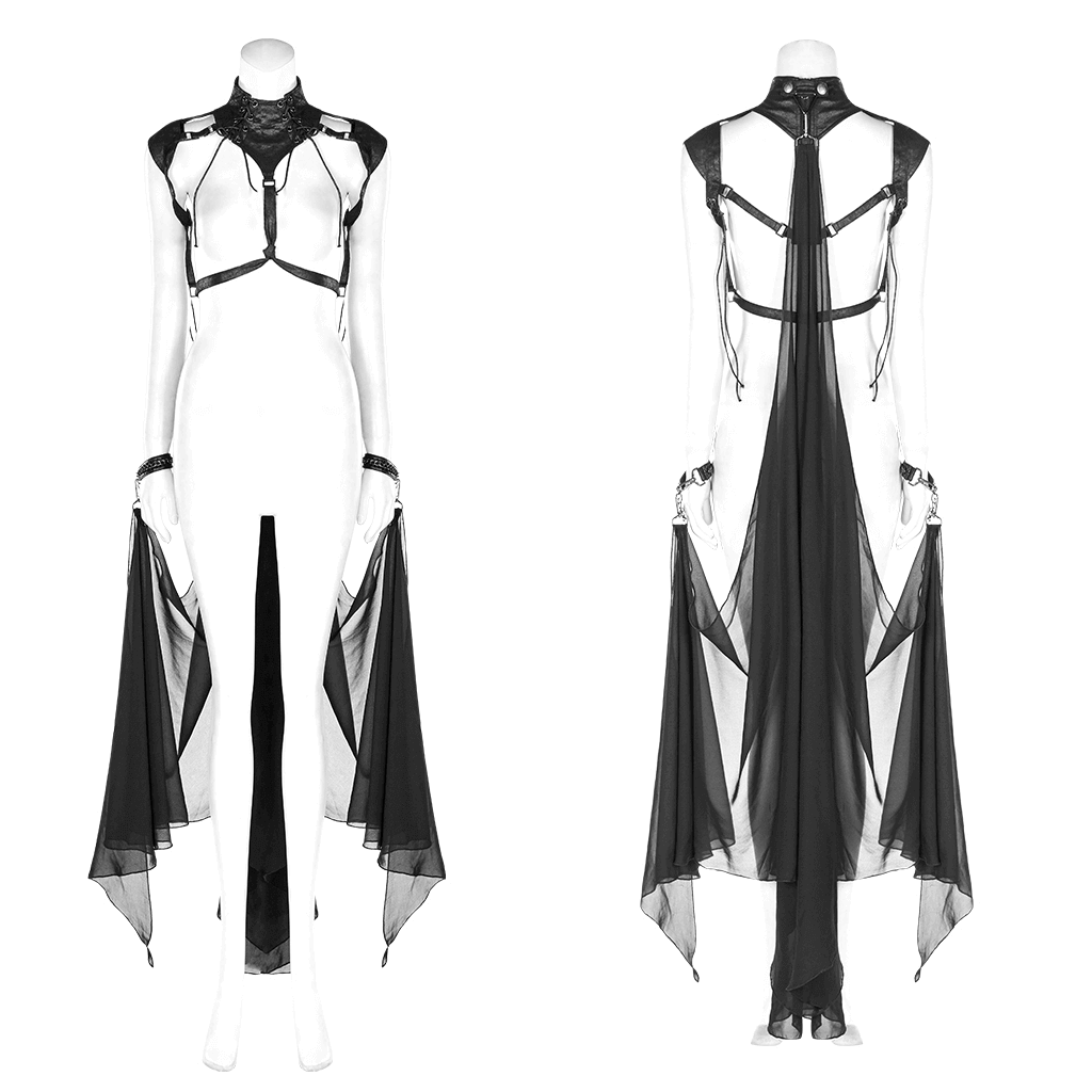 Gothic Cape with Distressed PU Leather and Delicate Chiffon