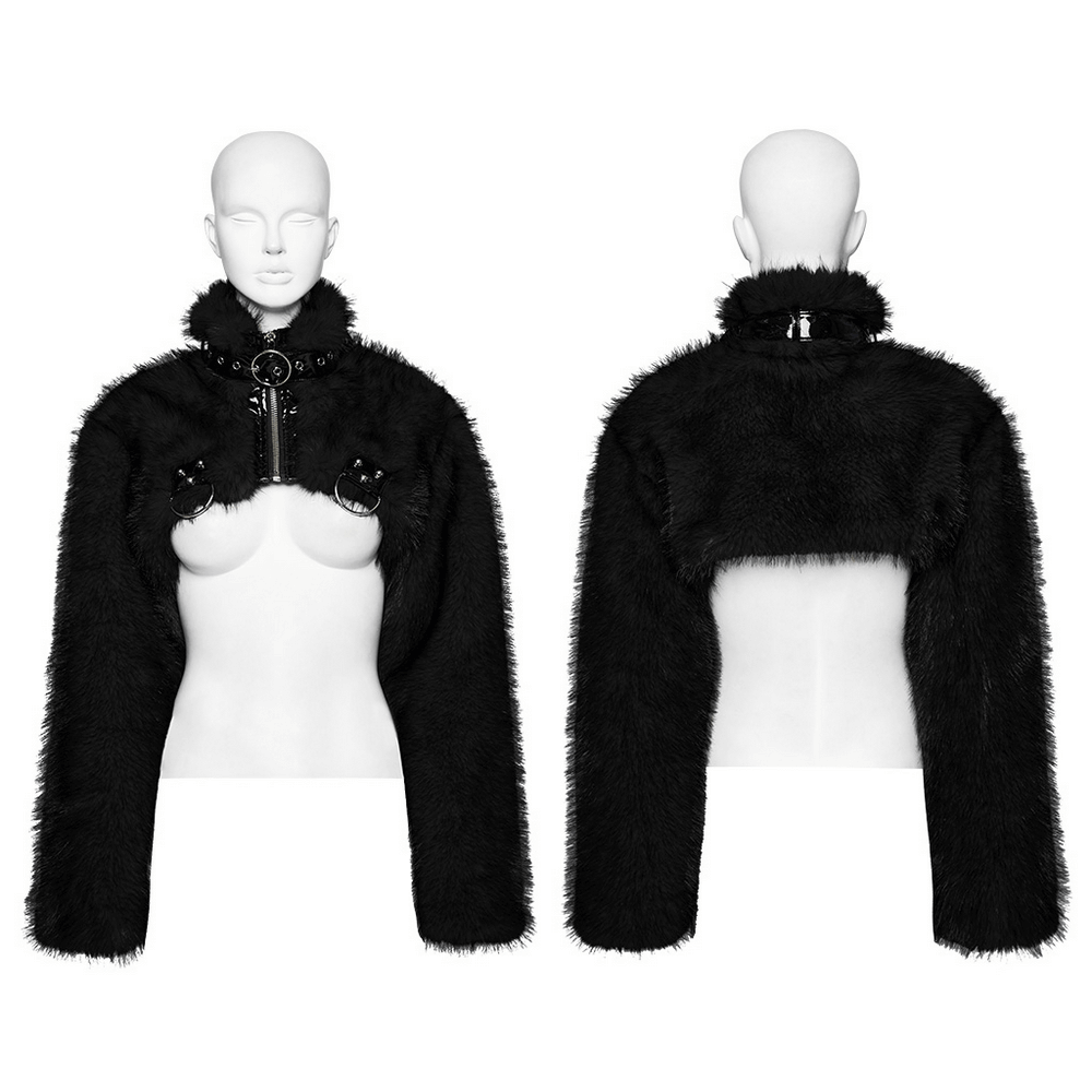 Gothic Cropped Faux Fur Jacket with Zipper and Rivet Details