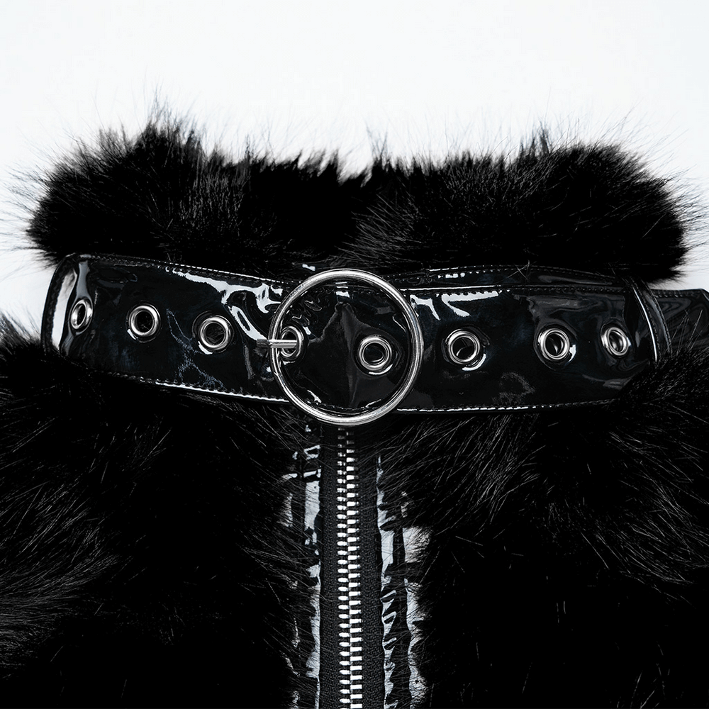 Gothic Cropped Faux Fur Jacket with Zipper and Rivet Details