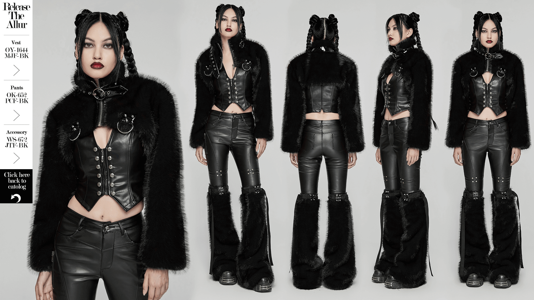 Gothic Cropped Faux Fur Jacket with Zipper and Rivet Details