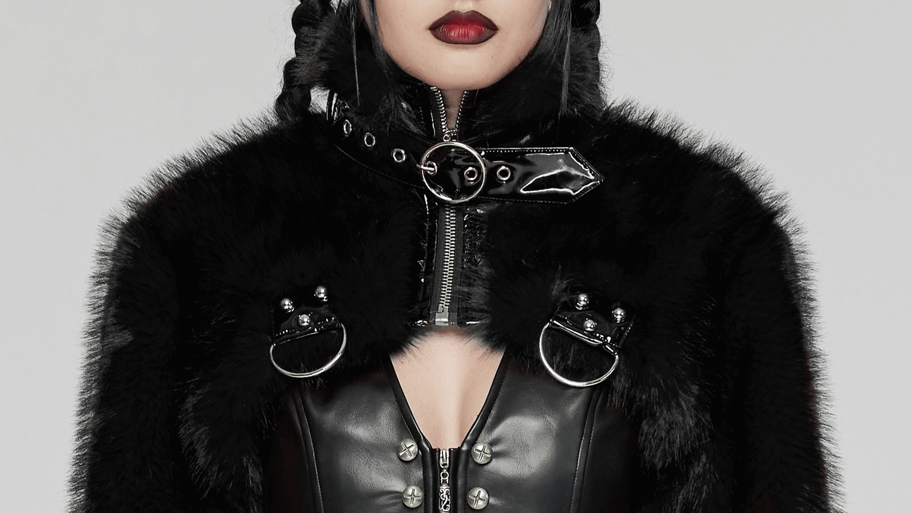 Gothic Cropped Faux Fur Jacket with Zipper and Rivet Details