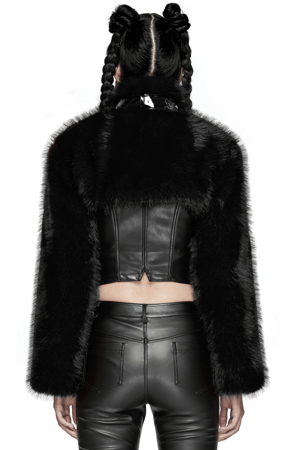 Gothic Cropped Faux Fur Jacket with Zipper and Rivet Details
