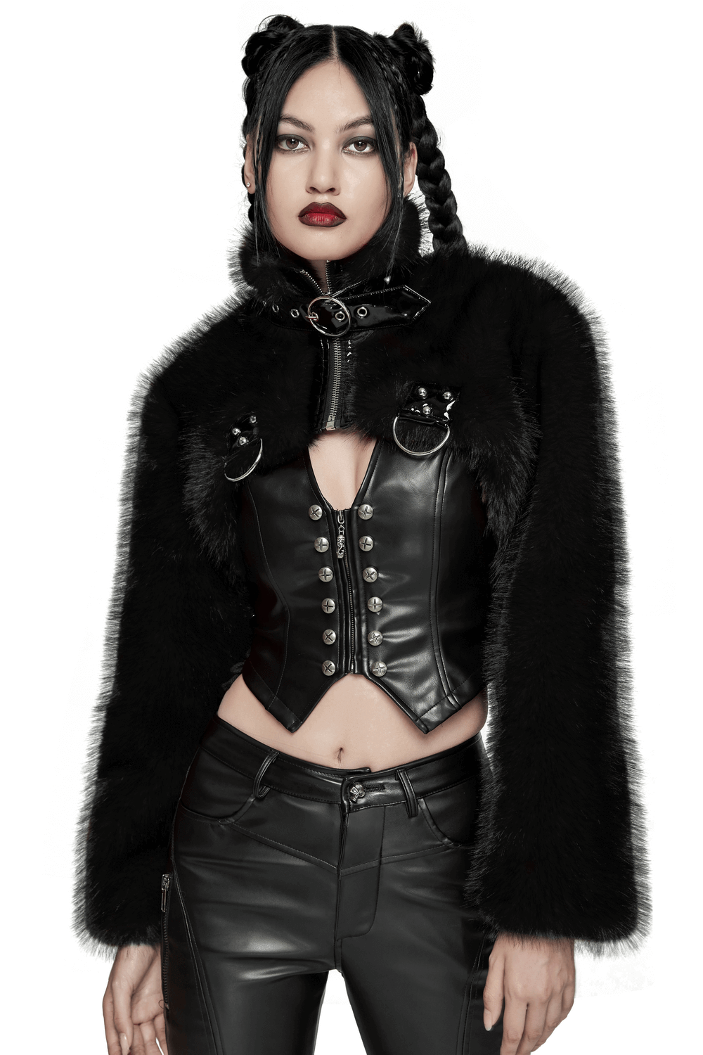 Gothic Cropped Faux Fur Jacket with Zipper and Rivet Details