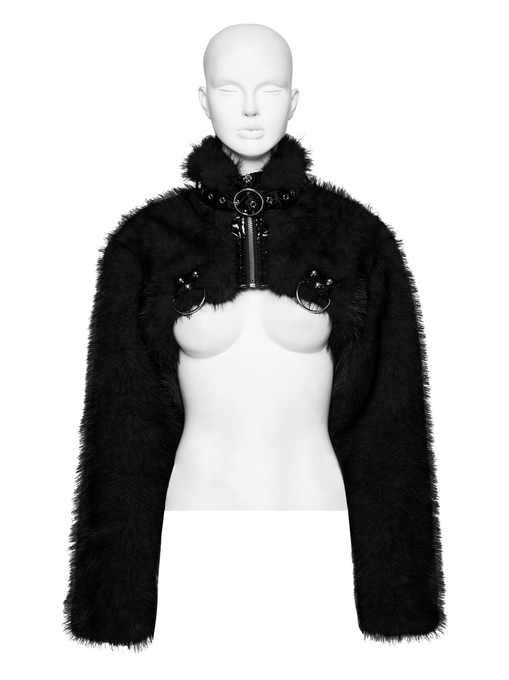 Gothic Cropped Faux Fur Jacket with Zipper and Rivet Details