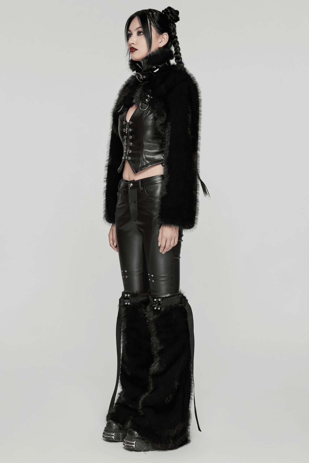 Gothic Cropped Faux Fur Jacket with Zipper and Rivet Details