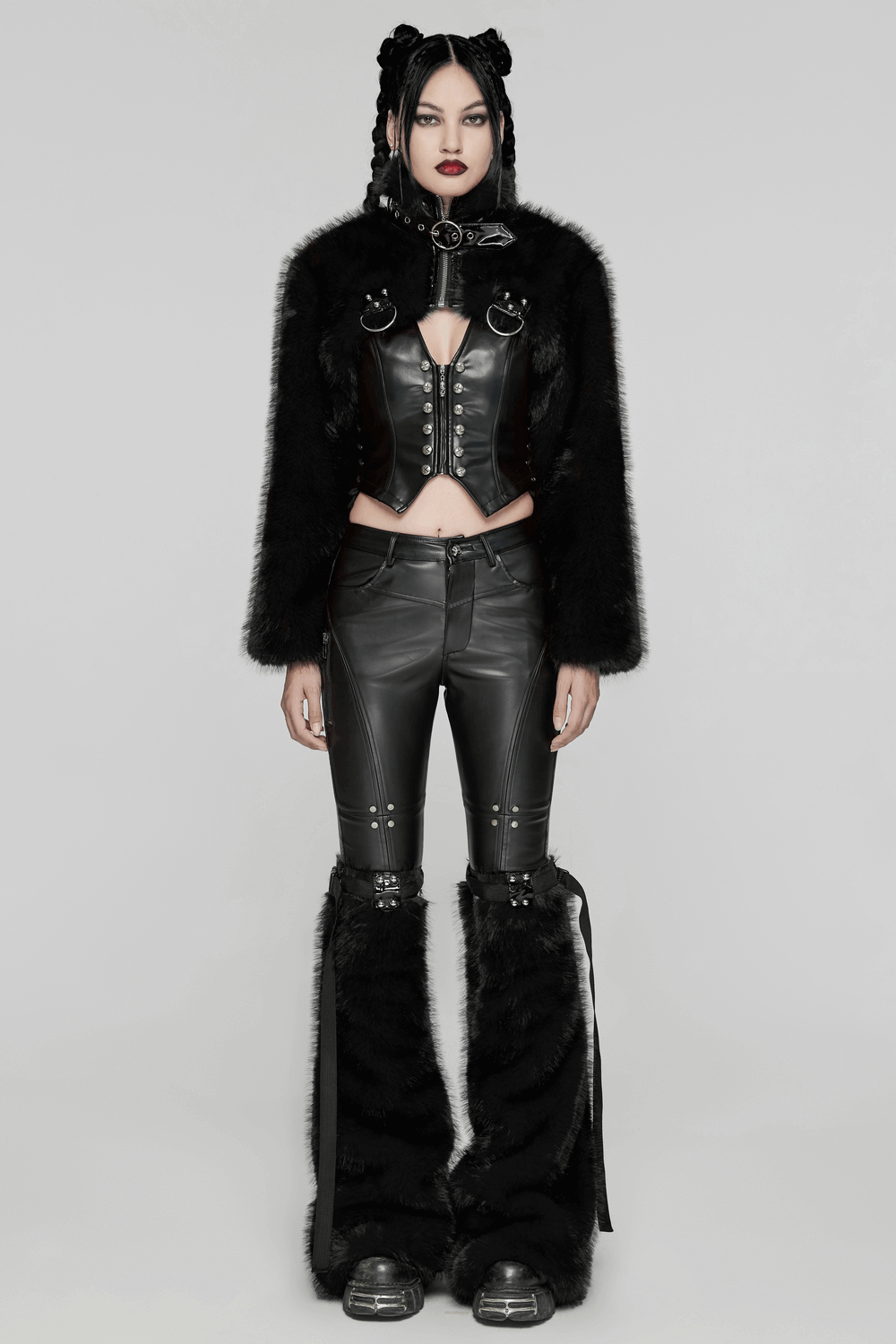 Gothic Cropped Faux Fur Jacket with Zipper and Rivet Details