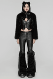 Gothic Cropped Faux Fur Jacket with Zipper and Rivet Details