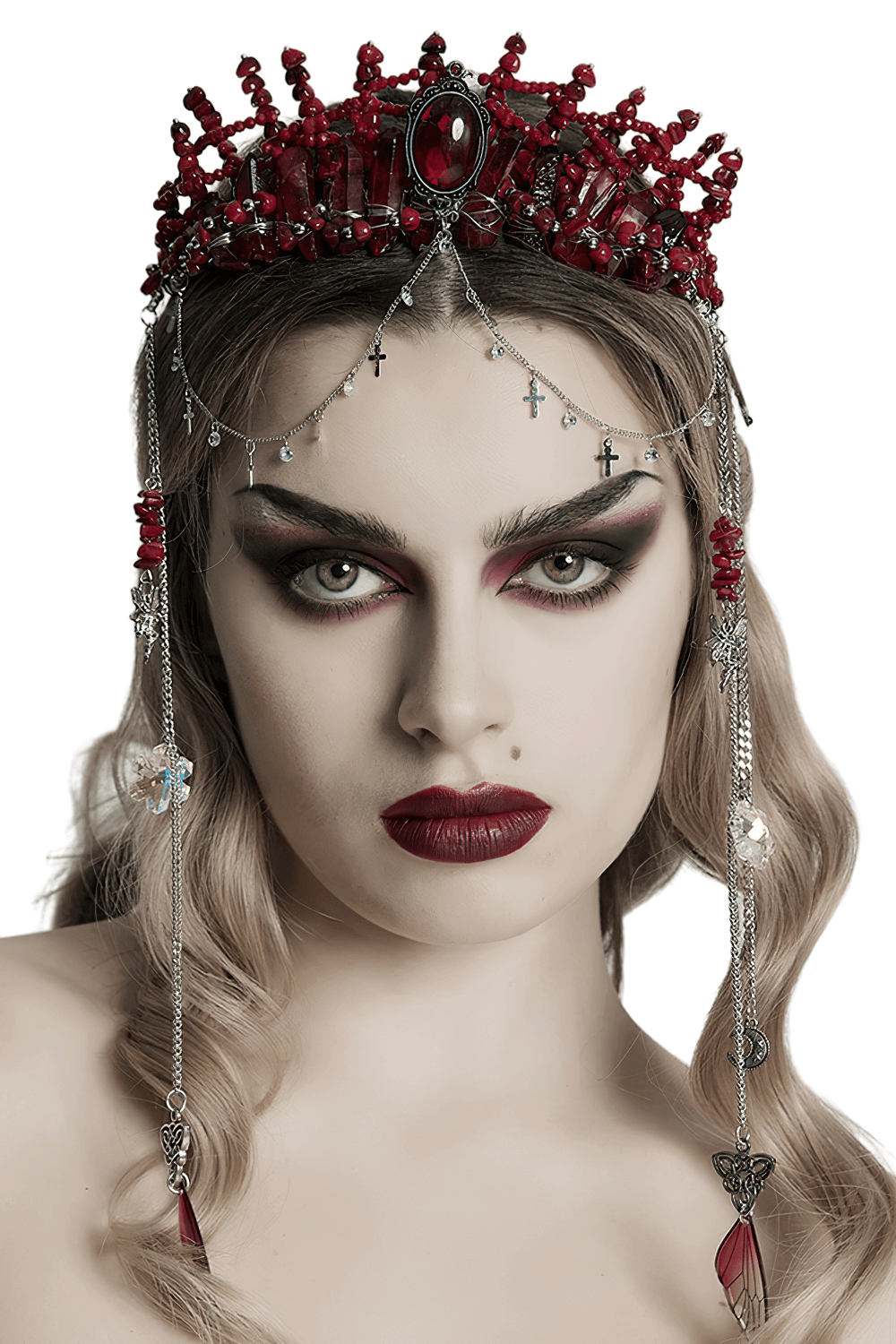 Gothic Crystal Crown with Silver Cross and Tassel Accents
