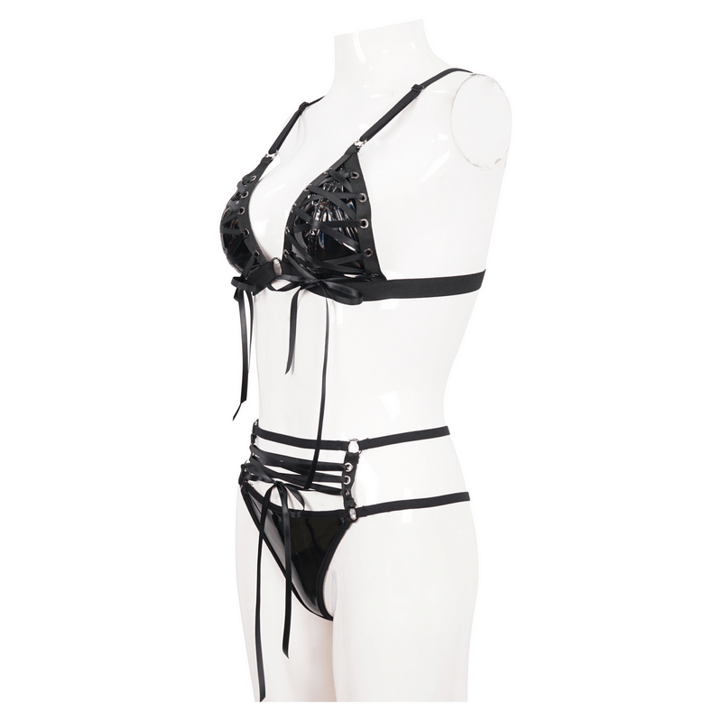 Gothic Faux Leather Lingerie Set / Black Bra and Panties