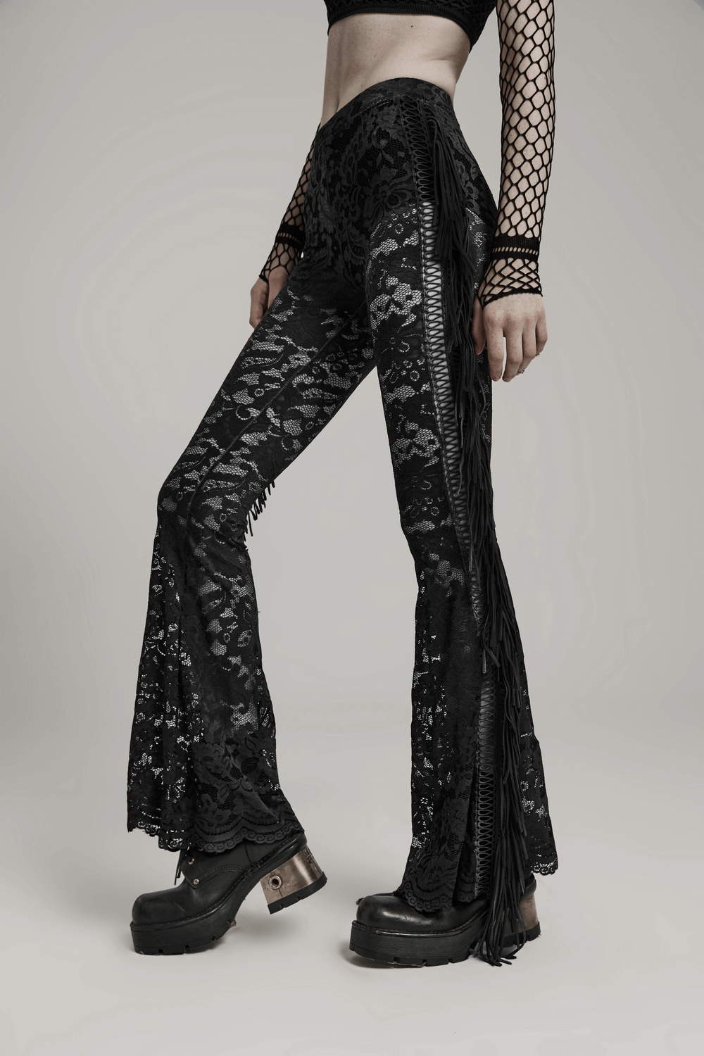 Gothic Flare Pants in Stylish Black Lace with Fringe