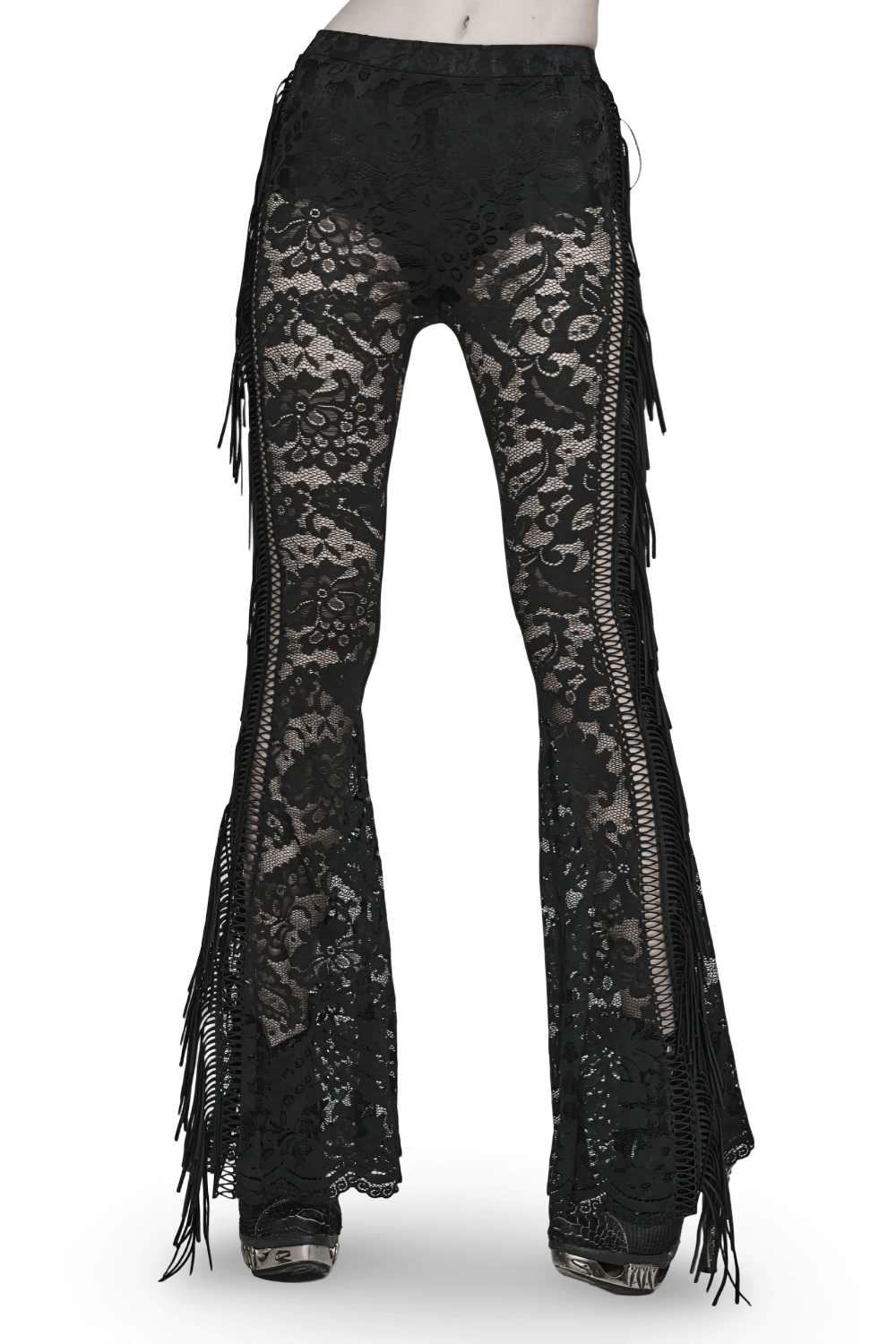 Gothic Flare Pants in Stylish Black Lace with Fringe