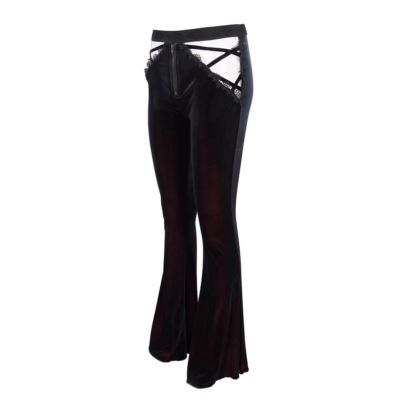 Gothic Flared Velvet Pants: Lace Hollow-Out Black Trousers