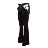 Gothic Flared Velvet Pants: Lace Hollow-Out Black Trousers