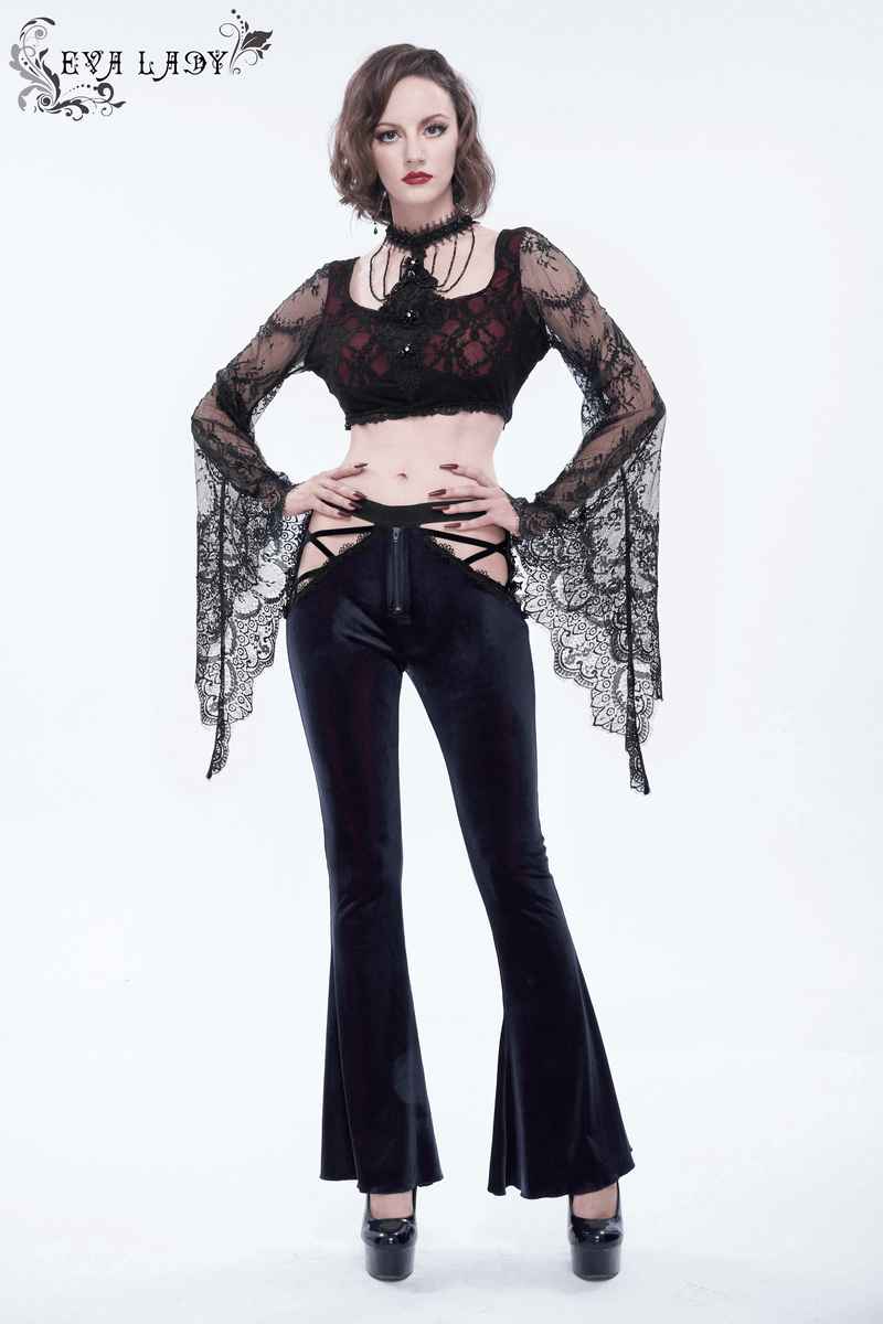 Gothic Flared Velvet Pants: Lace Hollow-Out Black Trousers