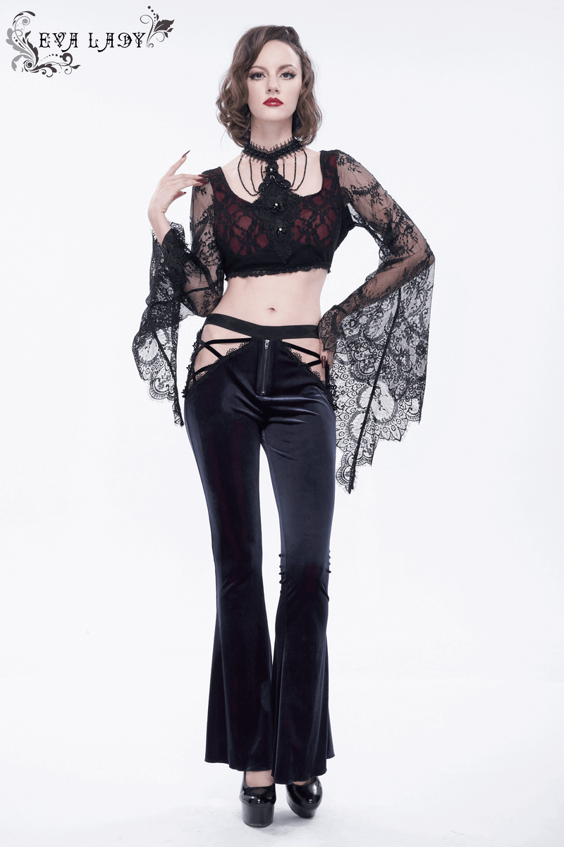 Gothic Flared Velvet Pants: Lace Hollow-Out Black Trousers