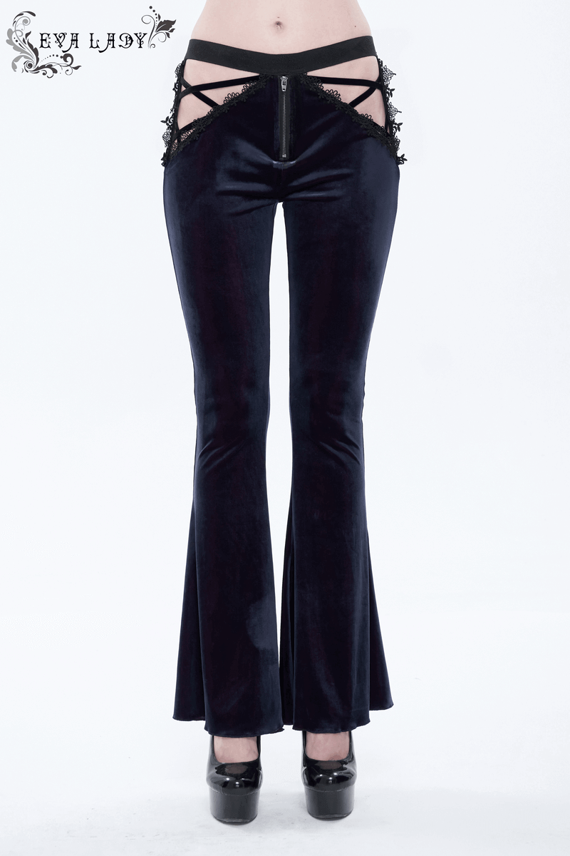 Gothic Flared Velvet Pants: Lace Hollow-Out Black Trousers