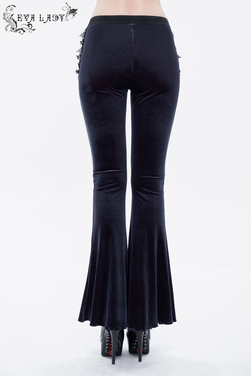 Gothic Flared Velvet Pants: Lace Hollow-Out Black Trousers