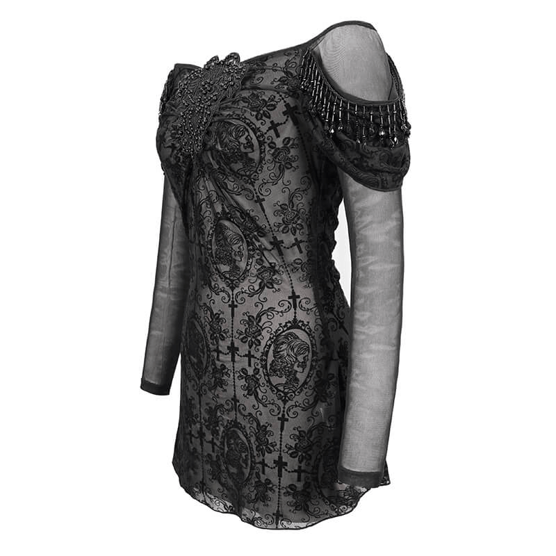 Gothic Floral Sheer Black Top / Lace Long Sleeve Fashion
