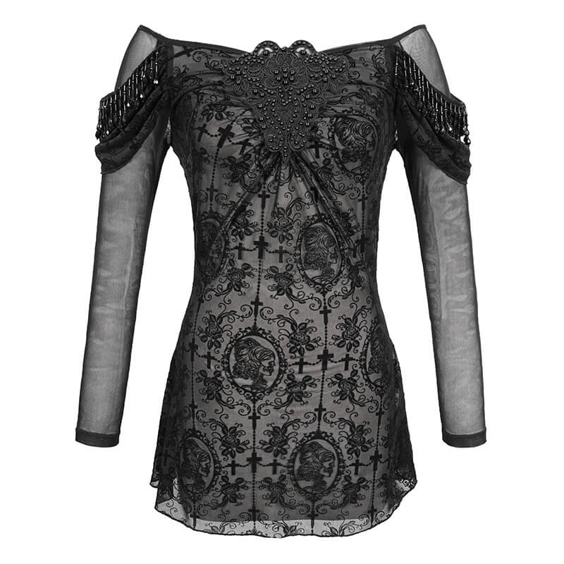 Gothic Floral Sheer Black Top / Lace Long Sleeve Fashion