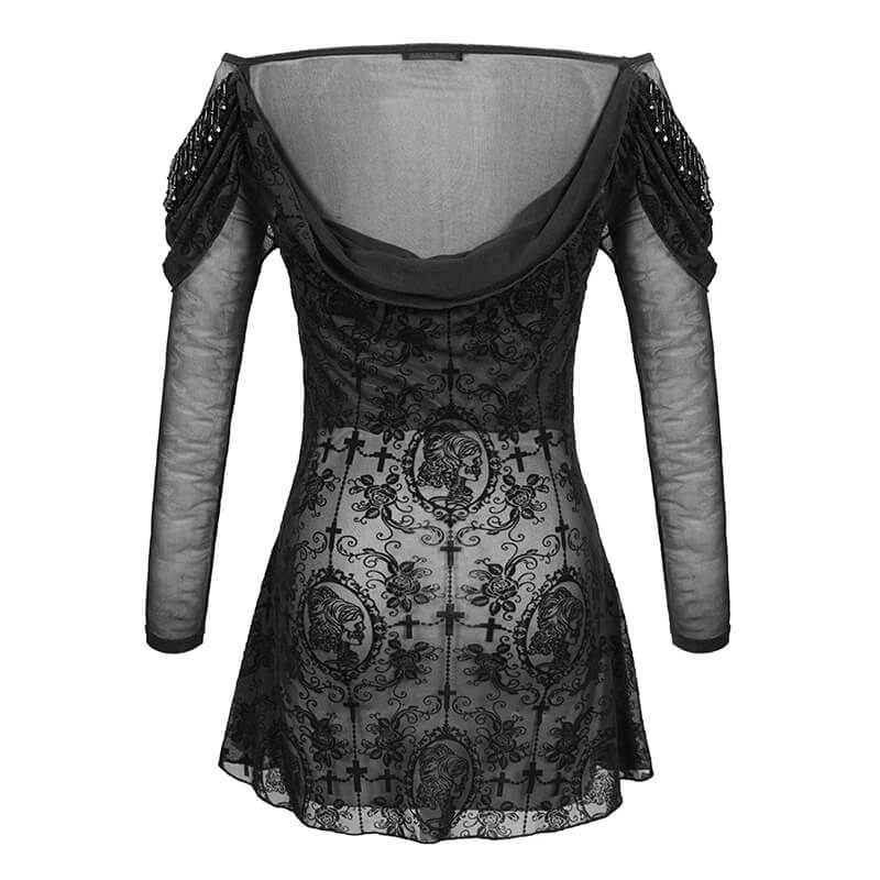 Gothic Floral Sheer Black Top / Lace Long Sleeve Fashion