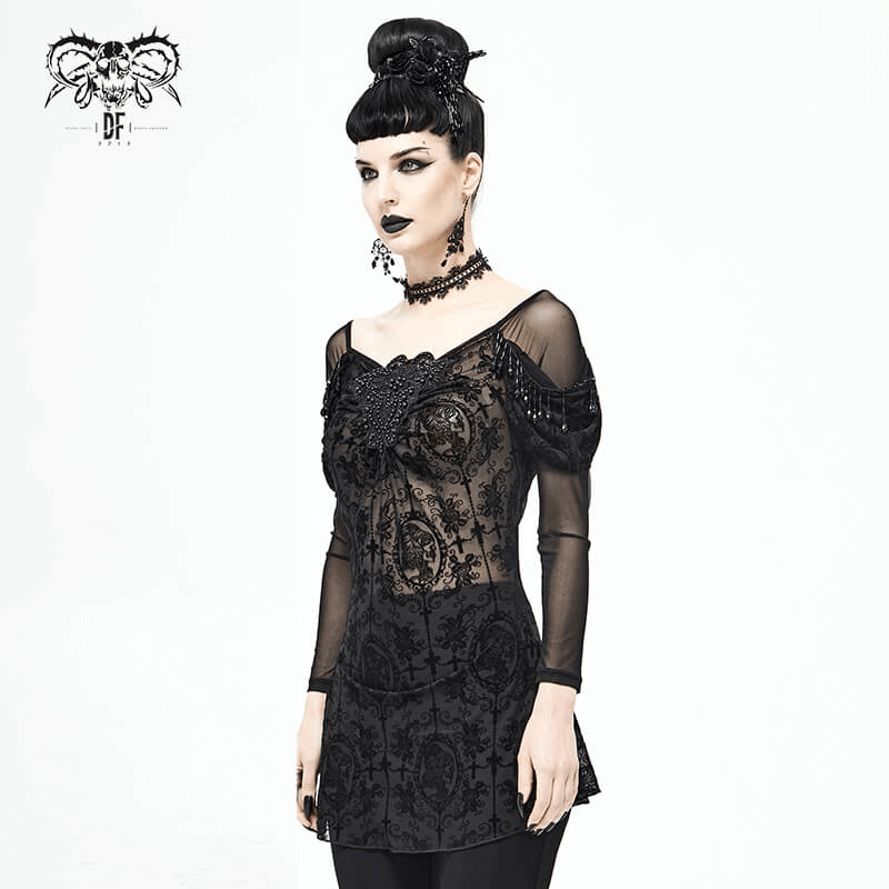 Gothic Floral Sheer Black Top / Lace Long Sleeve Fashion