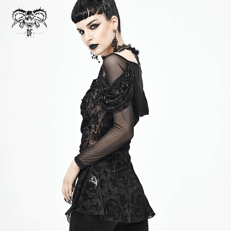 Gothic Floral Sheer Black Top / Lace Long Sleeve Fashion