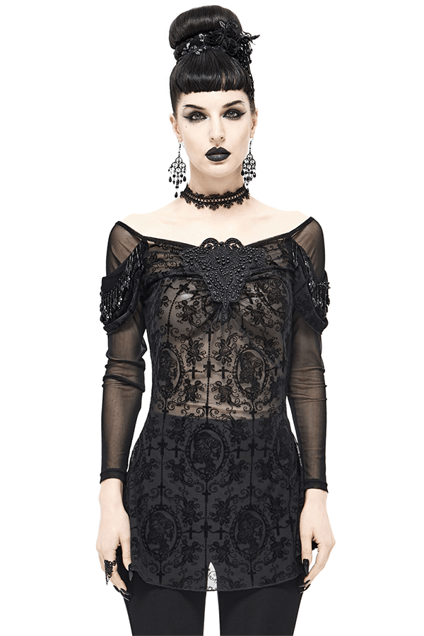 Gothic Floral Sheer Black Top / Lace Long Sleeve Fashion