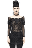 Damen Gothic Floral besticktes transparentes schwarzes Top / modische weibliche Spitzen-Langarm-Tops