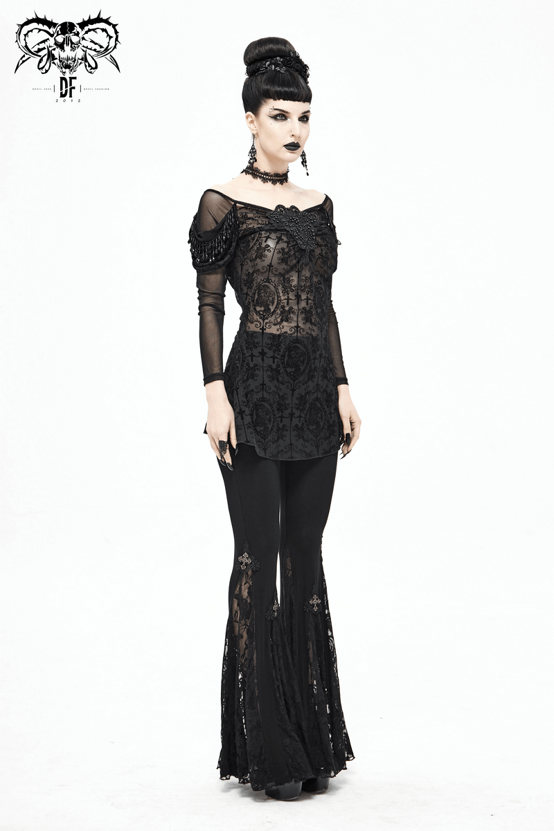 Gothic Floral Sheer Black Top / Lace Long Sleeve Fashion