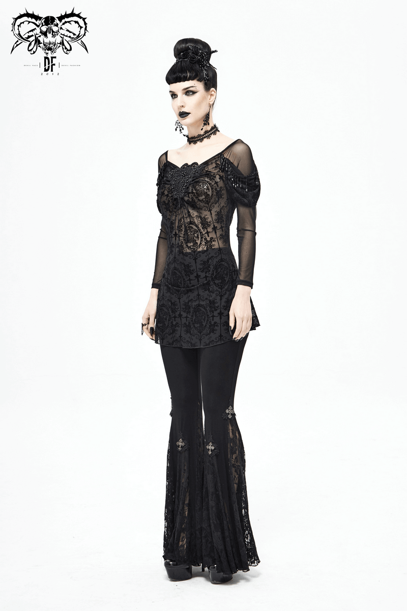 Gothic Floral Sheer Black Top / Lace Long Sleeve Fashion