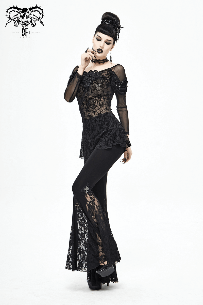 Gothic Floral Sheer Black Top / Lace Long Sleeve Fashion