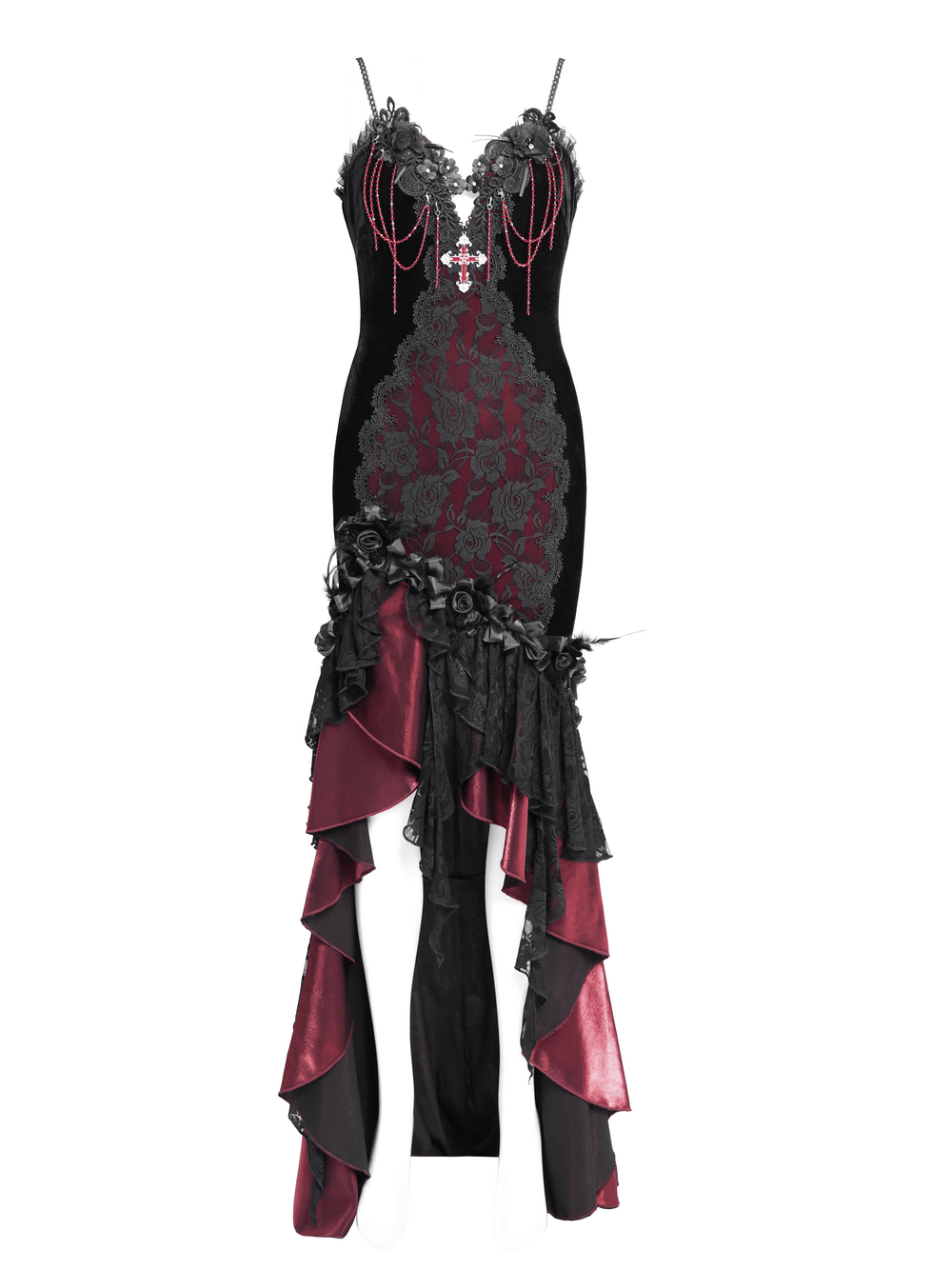 Gothic High-Low Velvet Dress with Lace Trim and Cross Charm